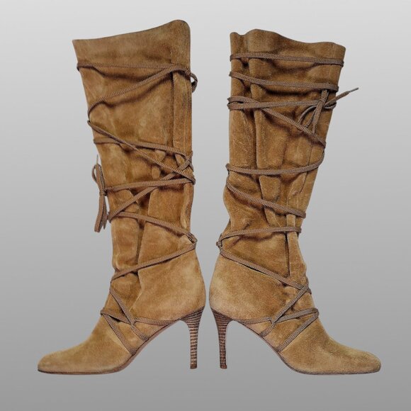 Michael Kors Suede Wrap-Tie Knee Boots Camel Made in Italy Size 6M - Picture 2 of 7